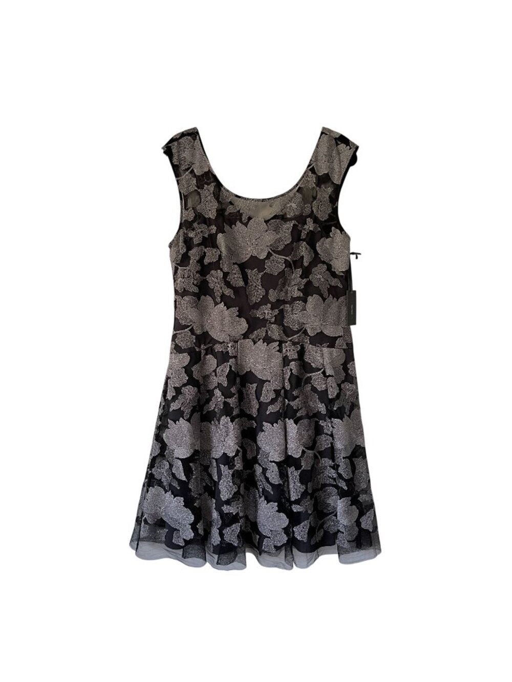 Vera Wang 14 Black Silver Floral Embroidered Organza Sleeveless Dress Cocktail